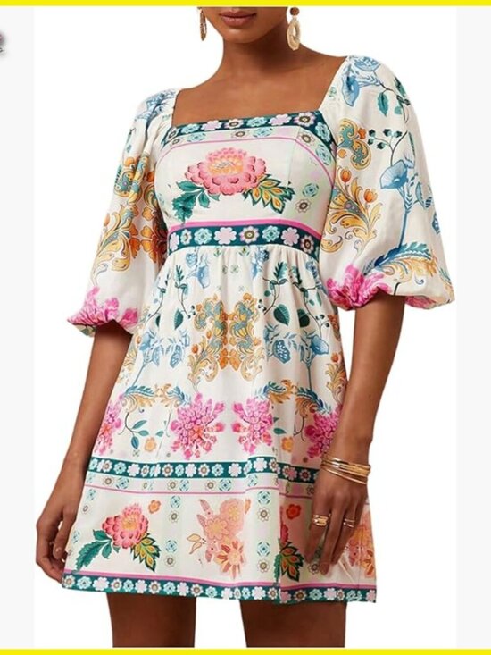 Dresses & Skirts - Floral Puff Sleeve A-Line Dress Square Neck Tie Back Boho Casual Chic